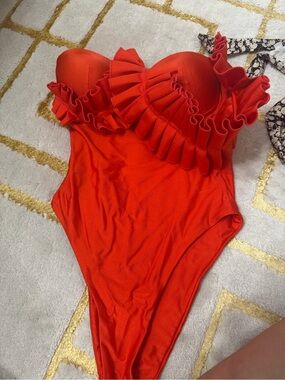 Andrea Iyamah Red Ruffle One-Piece Swimsuit